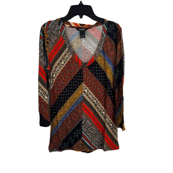 Desigual Top US XS V Neck Long Sleeve Boho Patterned Studdded New - Picture 1 of 6